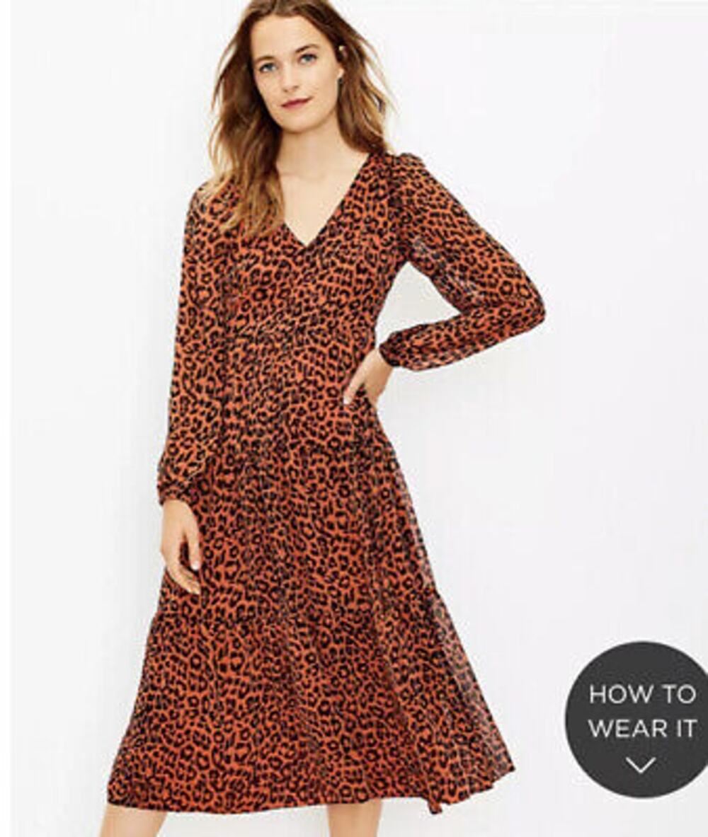Loft Leopard Dress Midi Tiered V-Neck Boho Animal Long Sleeve 6 Flowy Fall Chic - Picture 1 of 6